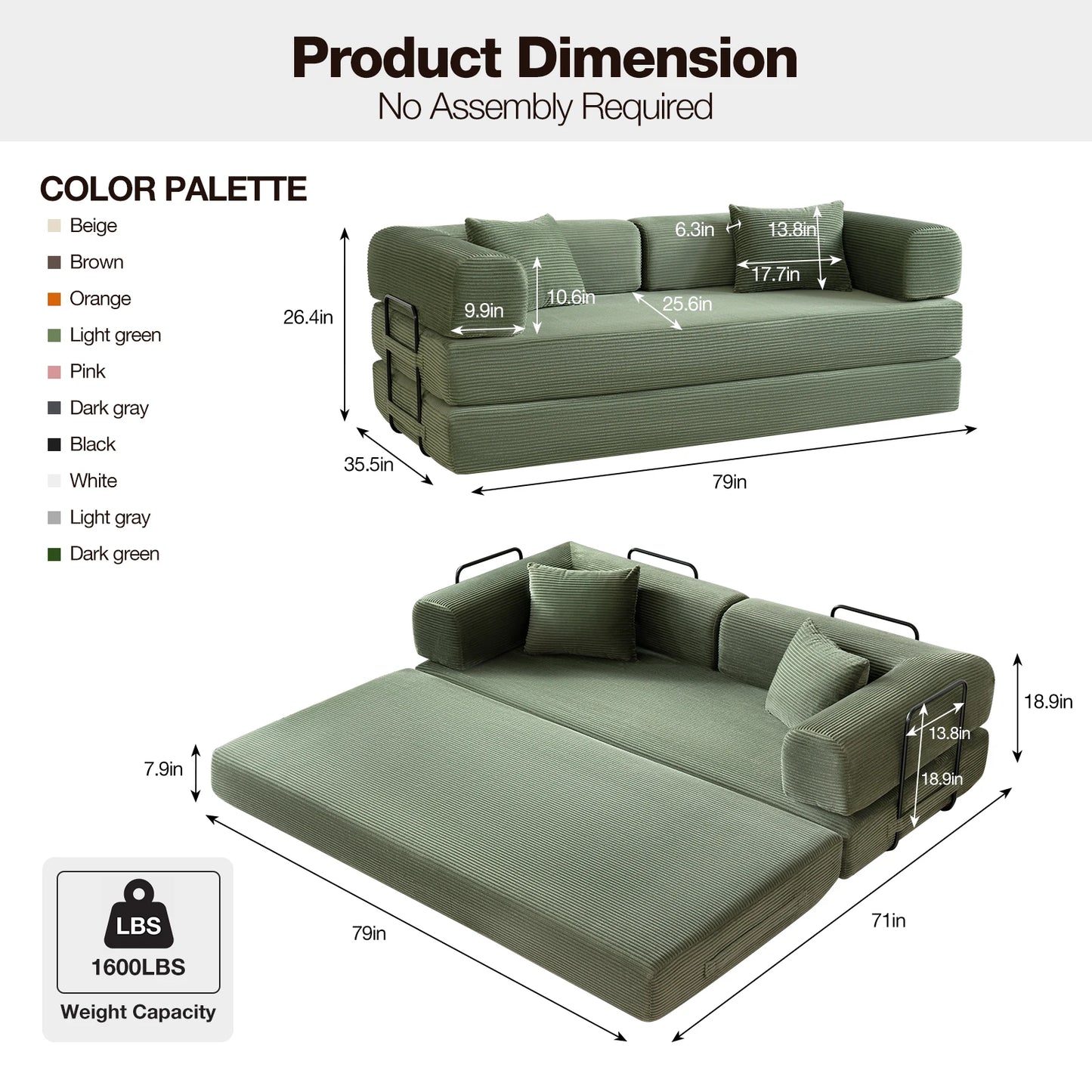 79" Convertible Sofa Bed with Fixed-Shape Frame, Modular Corduroy Sleeper Sofa, Folding Mattress Couch for Small Spaces