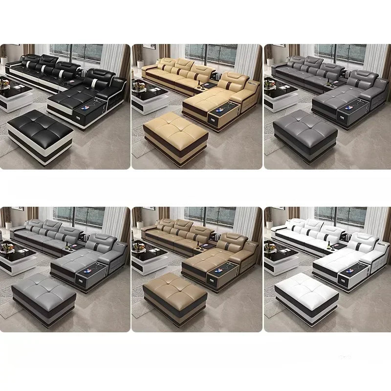 HS Luxury Italian Genuine Leather Sectional Sofa Set With Bluetooth Speaker And USB Ports Cow Leather Divano Living Room Furnitu
