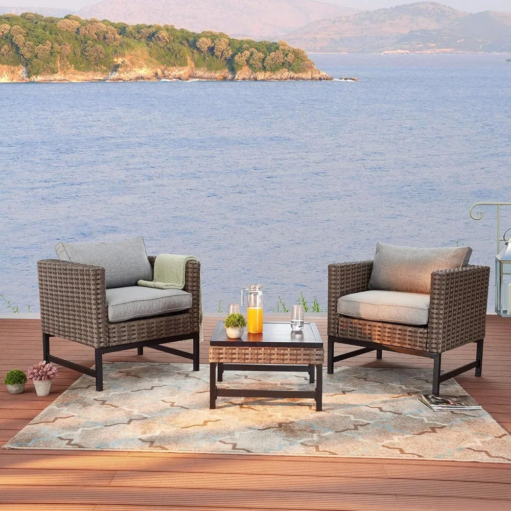 3 Pieces Outdoor Patio Balcony Furniture Rattan Conversation Set Wicker Chairs with Square Table, Brown