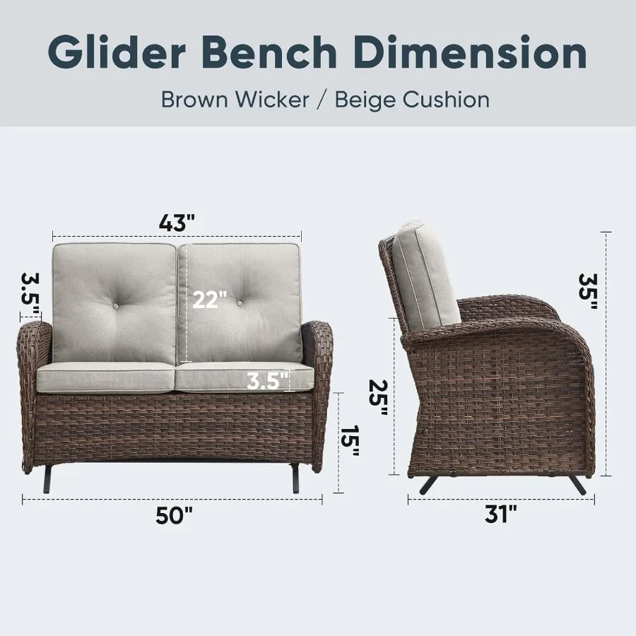 Outdoor Glider Bench Patio Loveseat with 500 Lbs Weight Capacity for Small Porch Deck and Backyard 2 Seater AllWeather Wicker S
