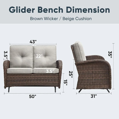 Outdoor Glider Bench Patio Loveseat with 500 Lbs Weight Capacity for Small Porch Deck and Backyard 2 Seater AllWeather Wicker S