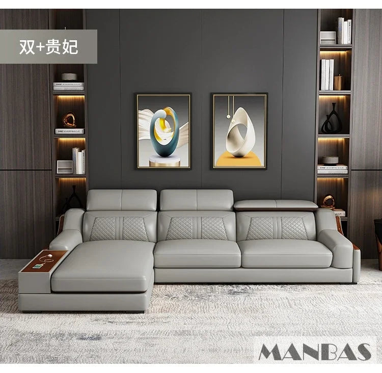 Modern Italian Genuine Leather Sofa for Living Room with Cup Holder, USB, Adjustable Headrests & Bluetooth Speaker - Linlamlim