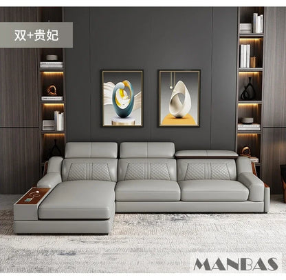Modern Italian Genuine Leather Sofa for Living Room with Cup Holder, USB, Adjustable Headrests & Bluetooth Speaker - Linlamlim