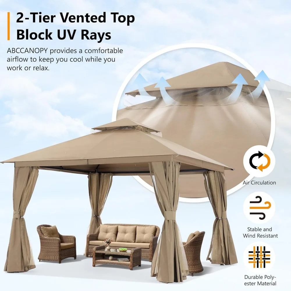 Outdoor Patio Gazebo 11x13 - Double Roof Canopy with Mosquito Netting and Curtain for Backyard, Deck, Garden, Lawn, Khaki