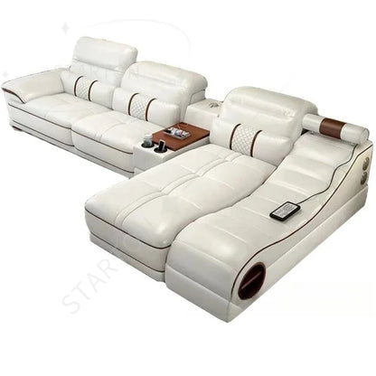 Modern Luxury Sectional Sofa Set with Chaise Lounge – Italian Genuine Leather Couch with Speakers, USB Port