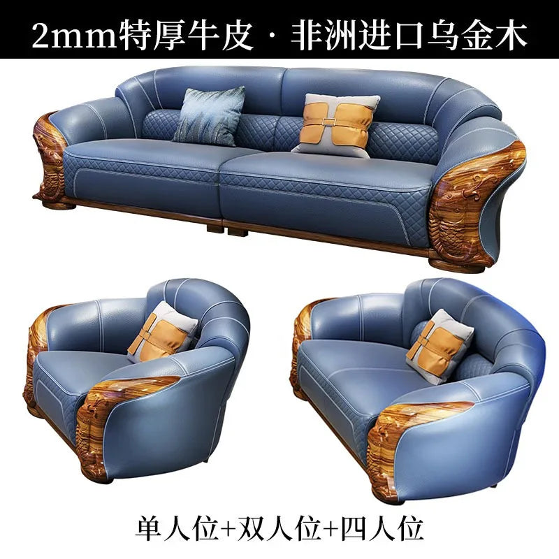 Modern and simple, new Chinese ebony wood, thick cowhide on the first layer, solid wood corner sofa