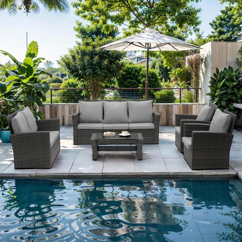 5-Piece Patio Set All Weather Wicker, Outdoor Sofa with Cushions & Glass Table, Grey Conversation Set