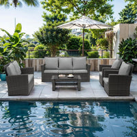 5-Piece Patio Set All Weather Wicker, Outdoor Sofa with Cushions & Glass Table, Grey Conversation Set