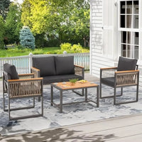 4 Pieces Outdoor Patio Furniture Set with Solid Wood Handrails, Plastic-Wood Balcony Furniture with Wicker Arm Panel, All