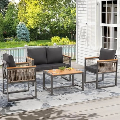 4 Pieces Outdoor Patio Furniture Set with Solid Wood Handrails, Plastic-Wood Balcony Furniture with Wicker Arm Panel, All