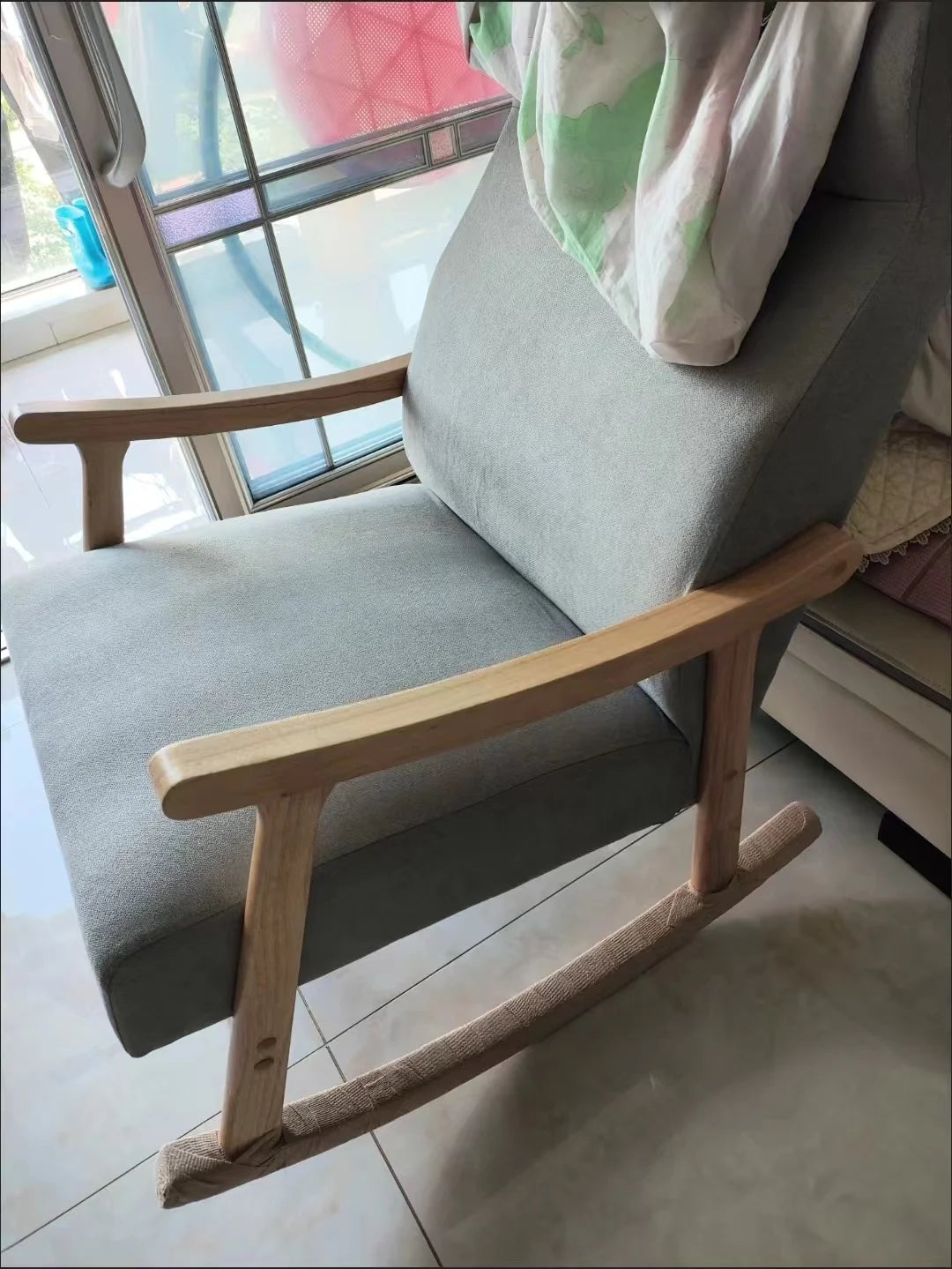 Wooden Rocking Chair Lounge Chair High Backrest Rocking Armchair Accent Chair with Lumber Pillow