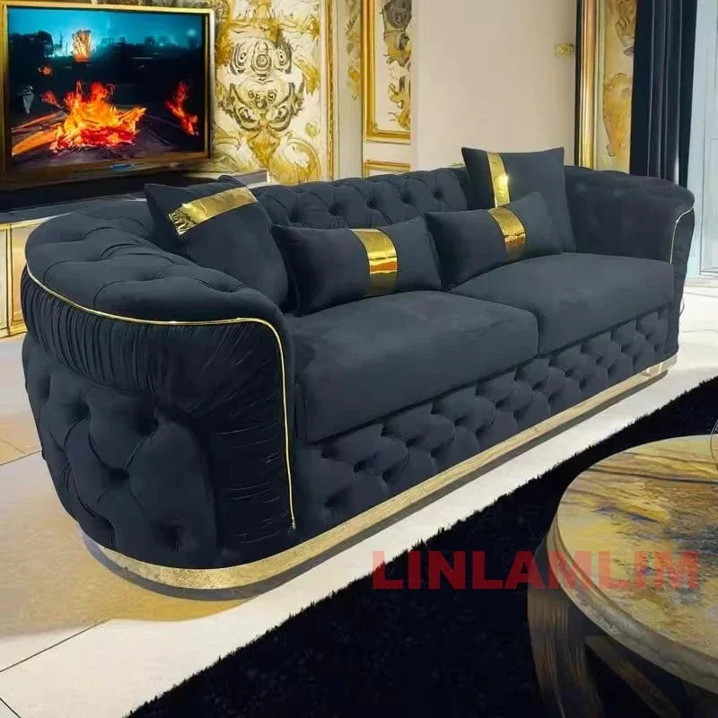 A Luxury Chesterfield Sectional Sofa Set With Cloth Buttons And Fabric Modular Couch With Gold Stainless Steel Base, 3-seater So