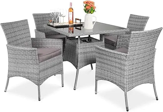 Best Choice Products 5-Piece Indoor Outdoor Wicker Dining Set Furniture for Patio, Backyard w/Square Glass Tabletop, Umbrella Cu
