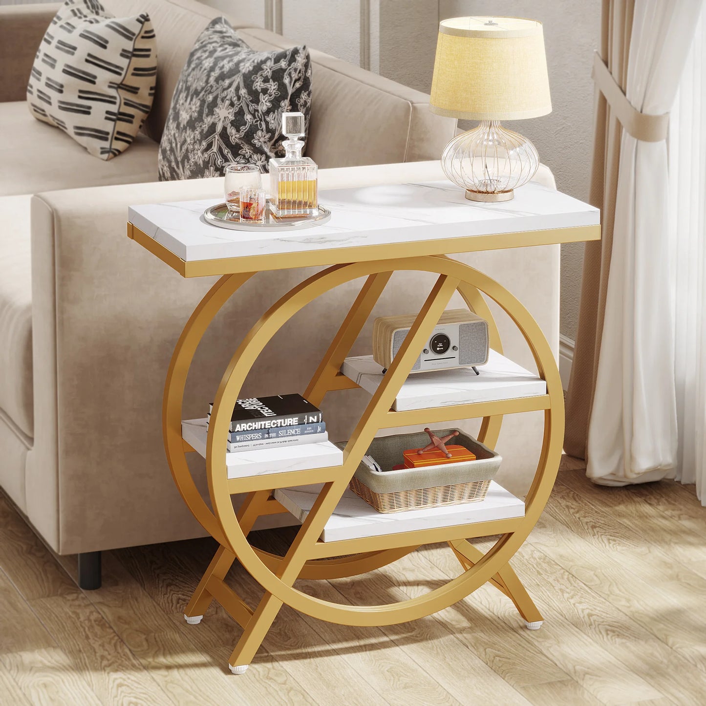 Tribesigns End Table for Living Room, 3-Tier Narrow Side Table with Storage, Wood Sofa Side Table with Geometric Metal Frame