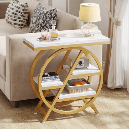 Tribesigns End Table for Living Room, 3-Tier Narrow Side Table with Storage, Wood Sofa Side Table with Geometric Metal Frame