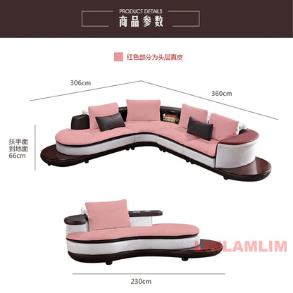 Modern Luxury Genuine Leather Sectional Sofa Set with Speaker and USB, U-Shaped Design Living Room Couch with Storage Shelves