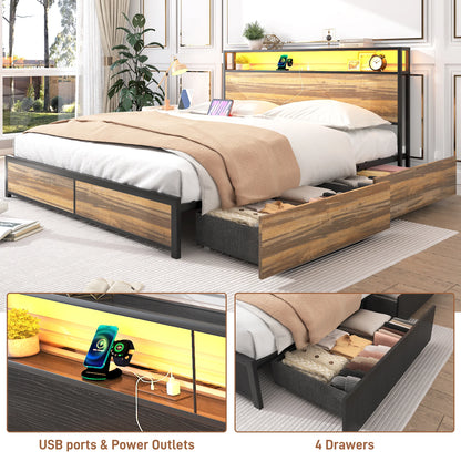 LED Bed Frame Full/QueenKing Size with 2 USB Ports and Outlets, Platform Metal Bed Frame with 4 Storage Drawers and Headboard