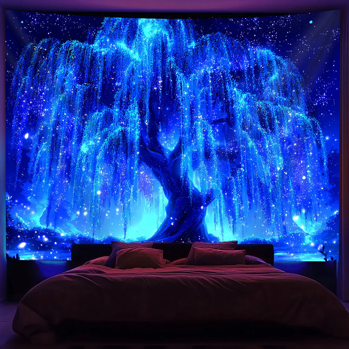 VIKAMA Starry Sky Weeping Willow Tapestry Blue Night Willow Branches and Stars Living Room Bedroom Decor Dreamlike Wall Decor