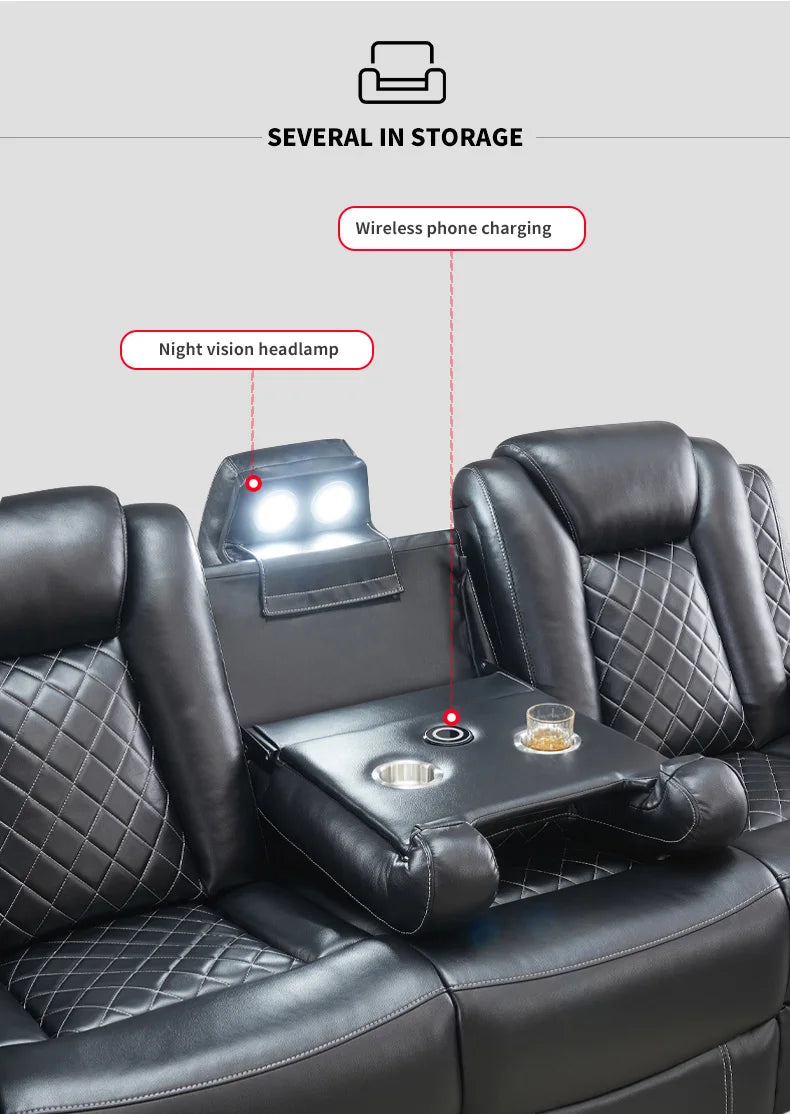 Power Reclining Sofa Couch with Wireless Charger 3 Seaters Recliner  Reading Light Leather Bluetooth Speaker Theater Seating LED