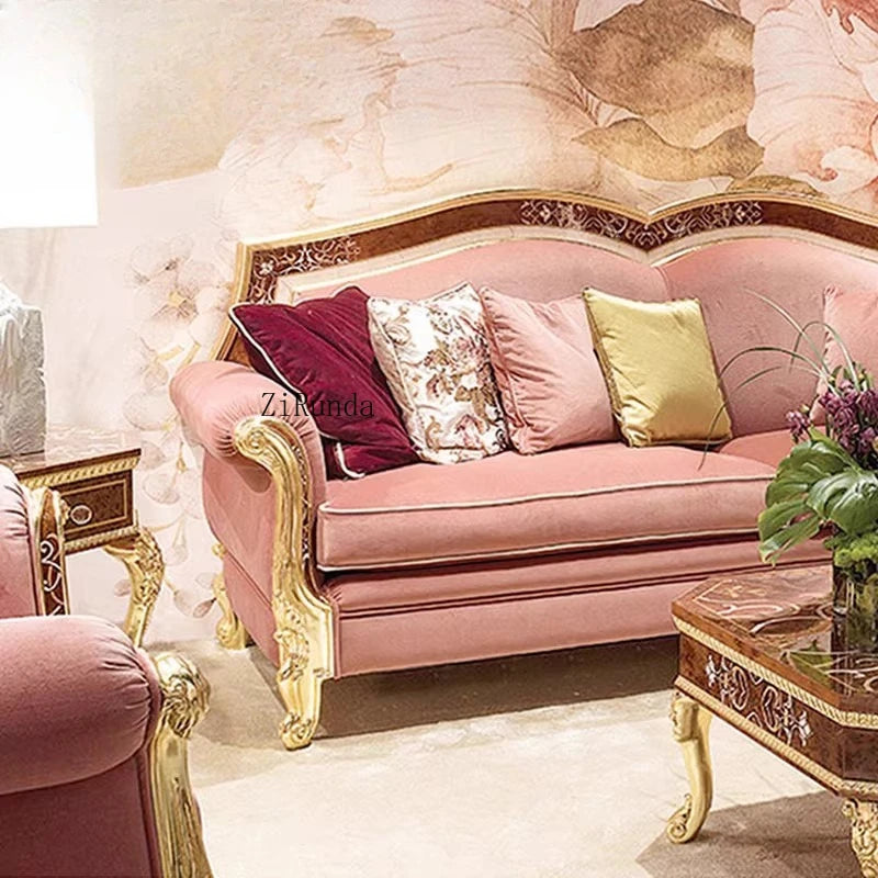 European luxury solid wood carving flower sofa French parquet fabric sofa coffee table combination
