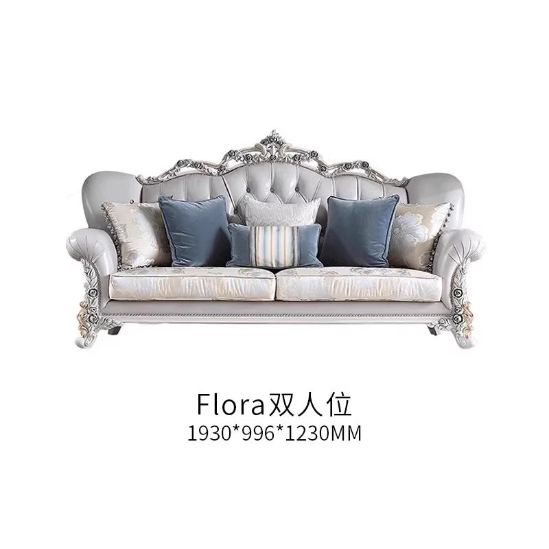 French light luxury living room large apartment first layer cowhide European solid wood carving flower three sofa combination