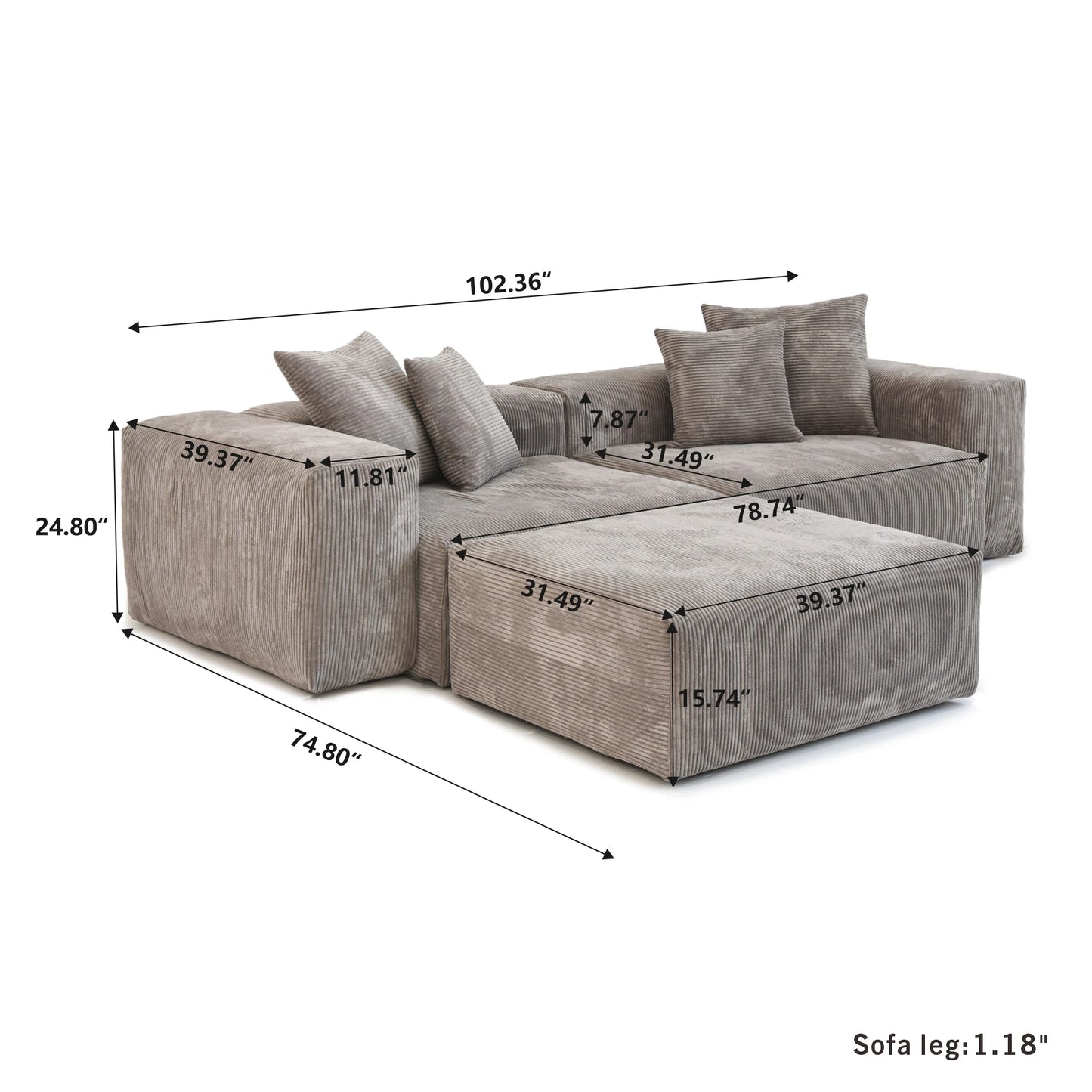 Modern Corduroy Fabric Sectional Couch with 4 Pillows 102" L-Shaped Sofa with Chaise Ottoman Hardwood Frame Sofa for Living Room