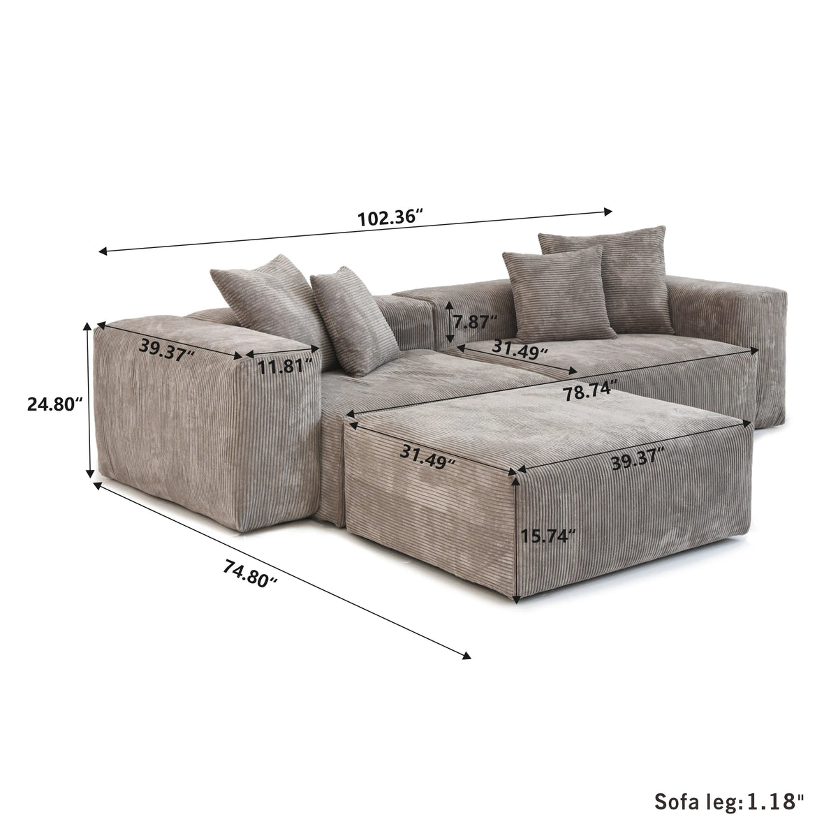 Modern Corduroy Fabric Sectional Couch with 4 Pillows 102