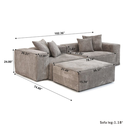 Modern Corduroy Fabric Sectional Couch with 4 Pillows 102" L-Shaped Sofa with Chaise Ottoman Hardwood Frame Sofa for Living Room