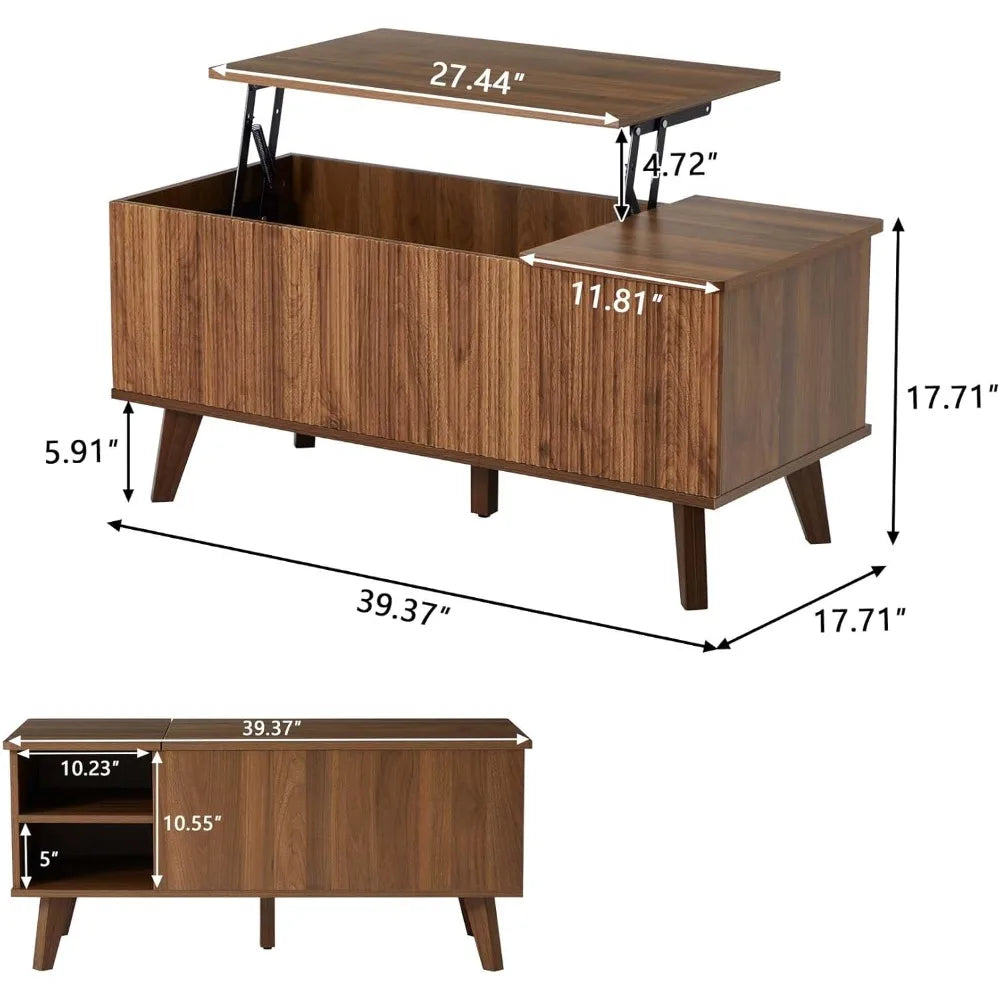 Modern Rectangular Coffee Table with Fluted Design, Lift Top and Hidden Storage