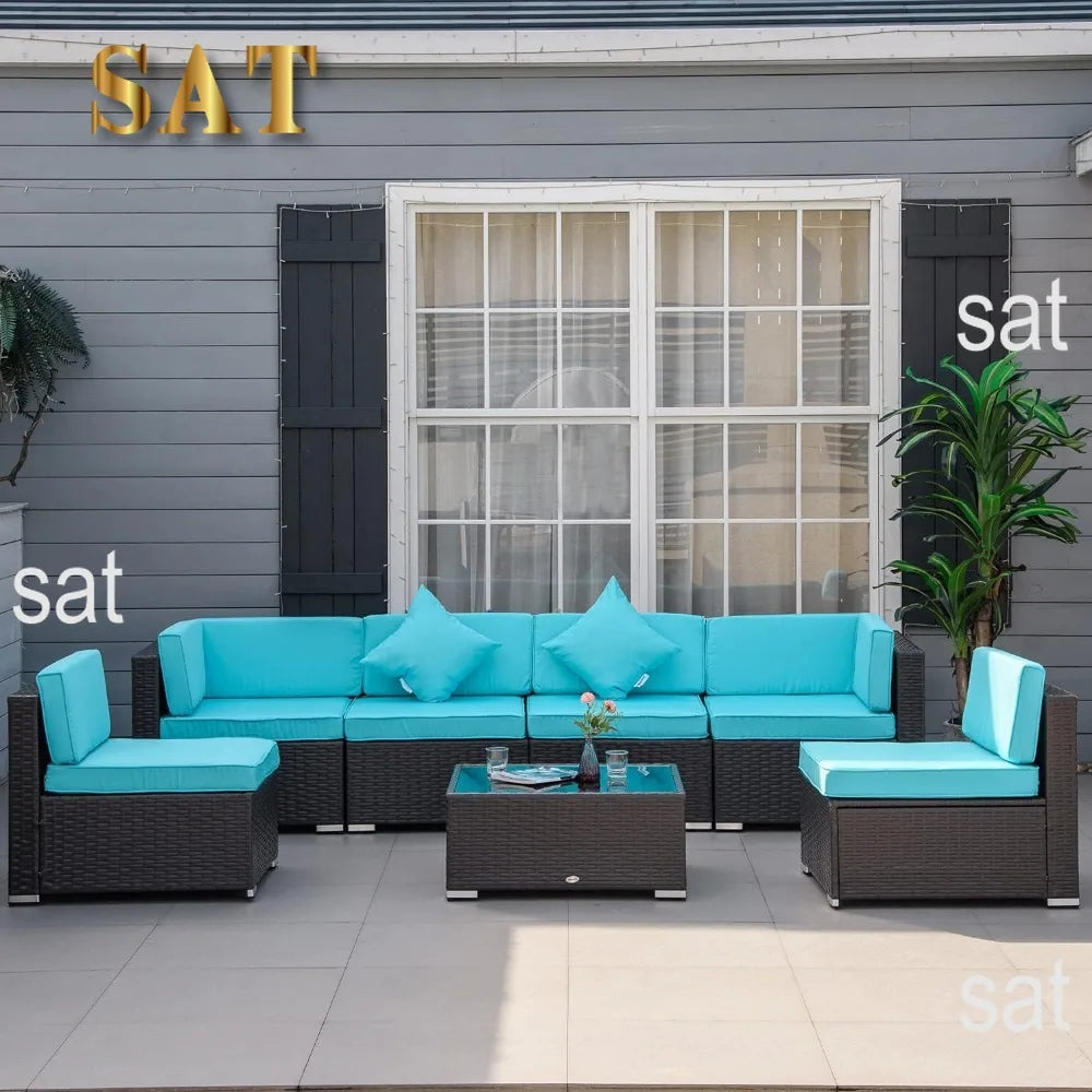 # l 7-piece outdoor furniture set, wicker dialogue set, all-weather rattan combination set, with cushion and tempered glass tabl