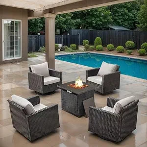 Outdoor Swivel Rocker Chairs Set of 4 with Fire Pit Table - 5 Peice Wicker Patio Furniture Set Conversation Set with 50,000 BTU