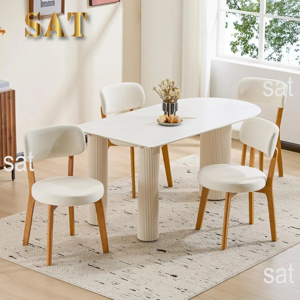 Oak Wooden Dining Chairs Set of 4, Mid-Century Modern Linen Upholstered Kitchen Chair with Solid Wood