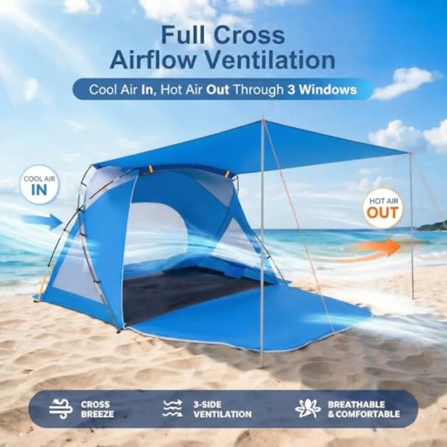 Beach Tent, Portable Sun Shelter for 3 Person with UPF 50+ UV Protection, Easy Setup Waterproof Beach Shade Canopy Cabana for Fa
