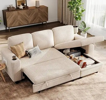 Convertible Plush Corduroy Cloud Couch with Storage Chaise & USB Charging