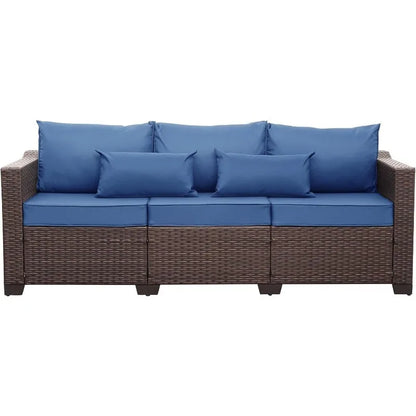 3-Seat Patio Wicker Sofa, Outdoor Rattan Couch Furniture Steel Frame with Furniture Cover and Deep Seat High Back, Blue