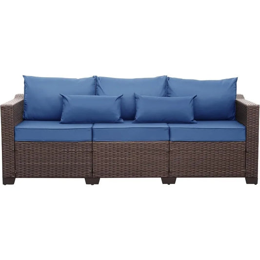 3-Seat Patio Wicker Sofa, Outdoor Rattan Couch Furniture Steel Frame with Furniture Cover and Deep Seat High Back, Blue