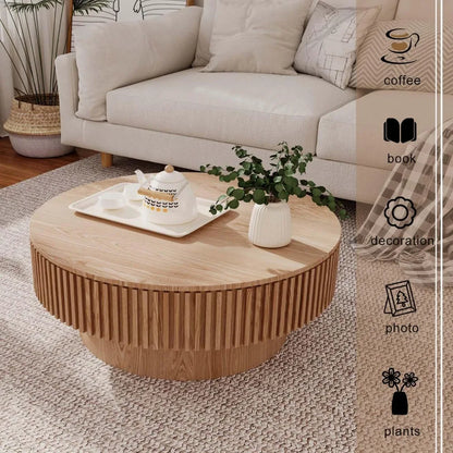 Contemporary Wooden Coffee Table with Storage, Round Solid Wood Accent Table for Living Room