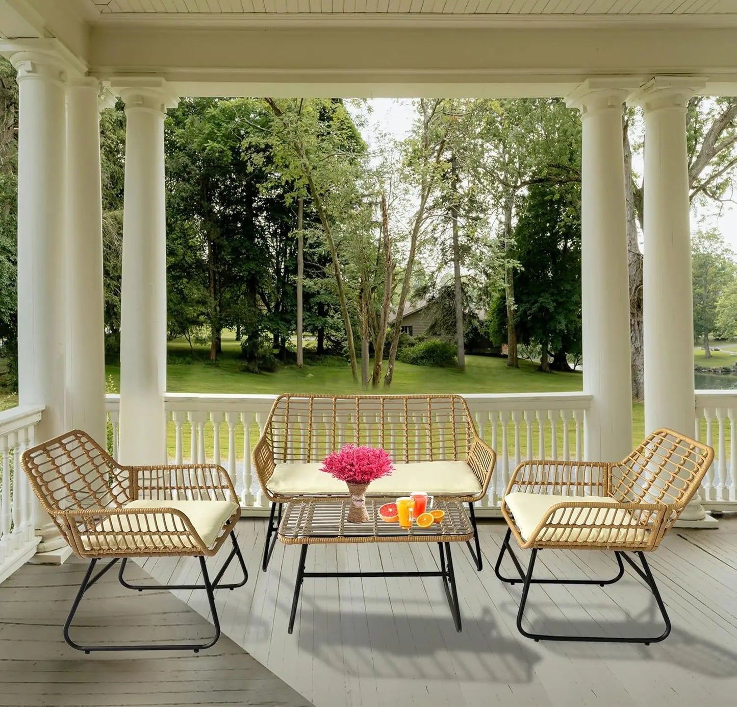 4-Piece Rattan Patio Furniture Set,Wicker Conversation Set for Garden,Porch,Yard and Poolside with White Soft Cushions