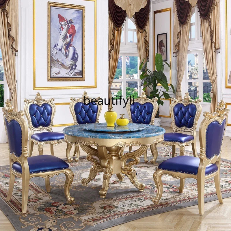 A55 European dining table andchairs American marble round table with turntable solid wood carving flower luxury champagne gold r