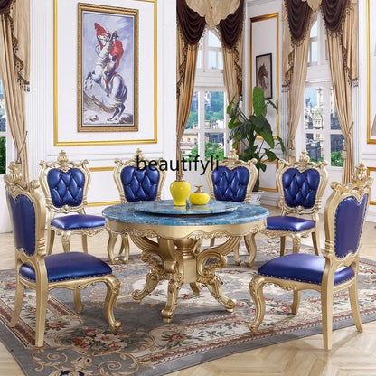 A55 European dining table andchairs American marble round table with turntable solid wood carving flower luxury champagne gold r