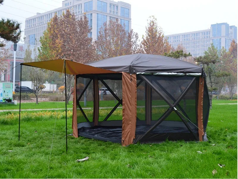 Large Space Tents Hexagonal with Awning Waterproof Camping House Tent UV Protection Family Outdoor Camping Hiking Picnic Tents