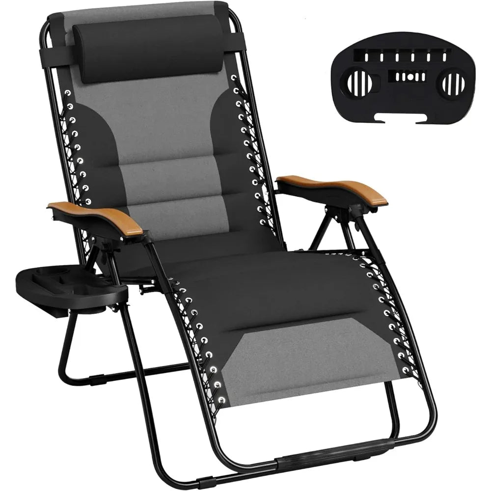 Zero Gravity Chairs, Oversized Patio Recliner Chair, Padded Folding Lawn Chair with Cup Holder Tray, Support 400lbs, Black