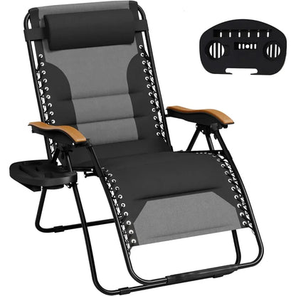 Zero Gravity Chairs, Oversized Patio Recliner Chair, Padded Folding Lawn Chair with Cup Holder Tray, Support 400lbs, Black