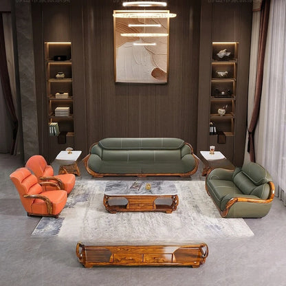 Ebony leather sofa first layer cowhide new Chinese high-end villa living room large apartment solid wood