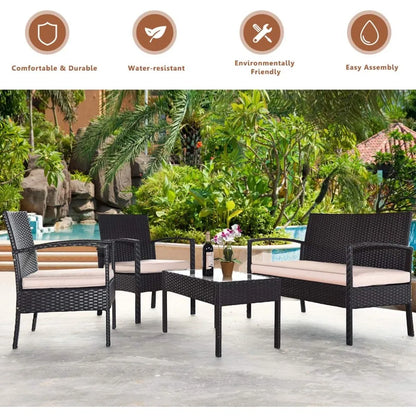 4 Pieces Patio Furniture Set, Wicker Conversation Set with Water-Resistant Cushion & Tempered Glass Table, Porch Deck Furniture