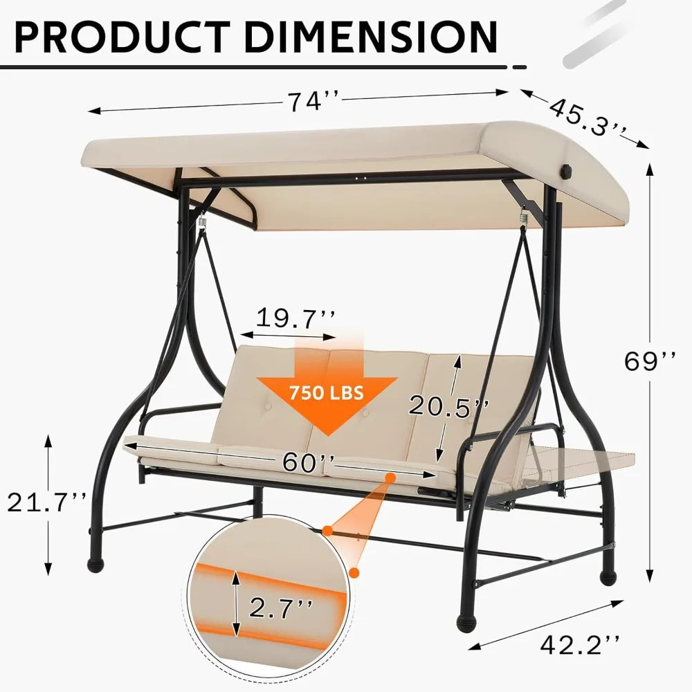 Porch Swing Chair with Adjustable Backrest&Canopy, 3 Seat Patio Swing with Canopy 2-in-1 Convertible Outdoor Swing with Canopy