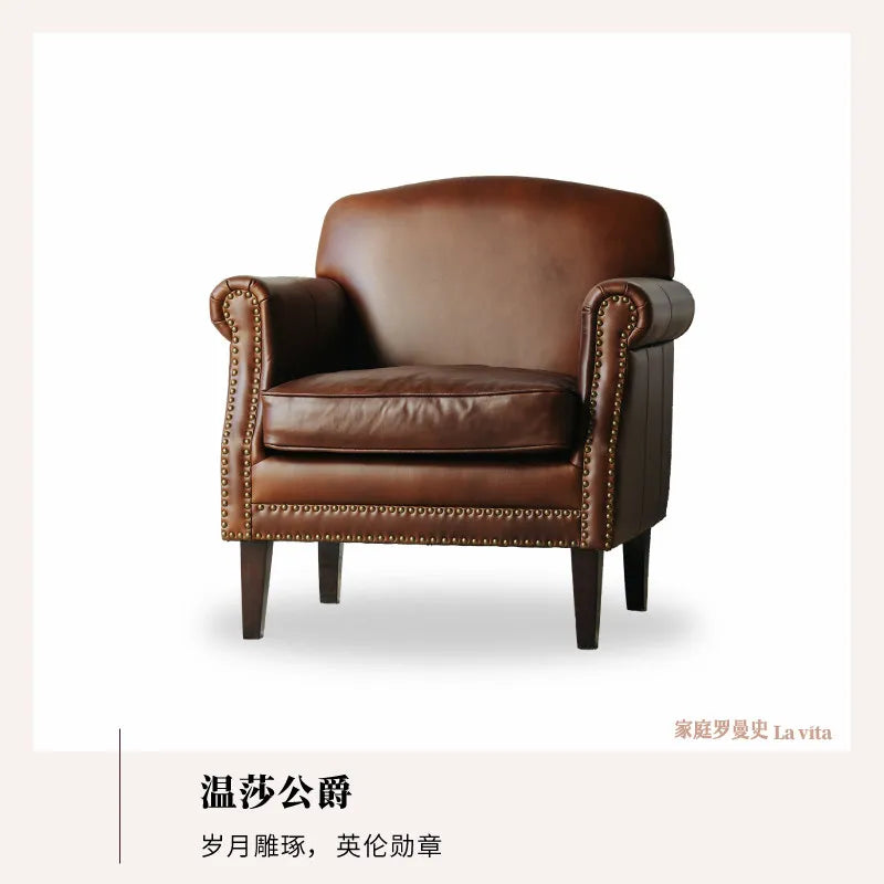 Retro oil wax leather leisure chair medieval living room tiger chair American single chair