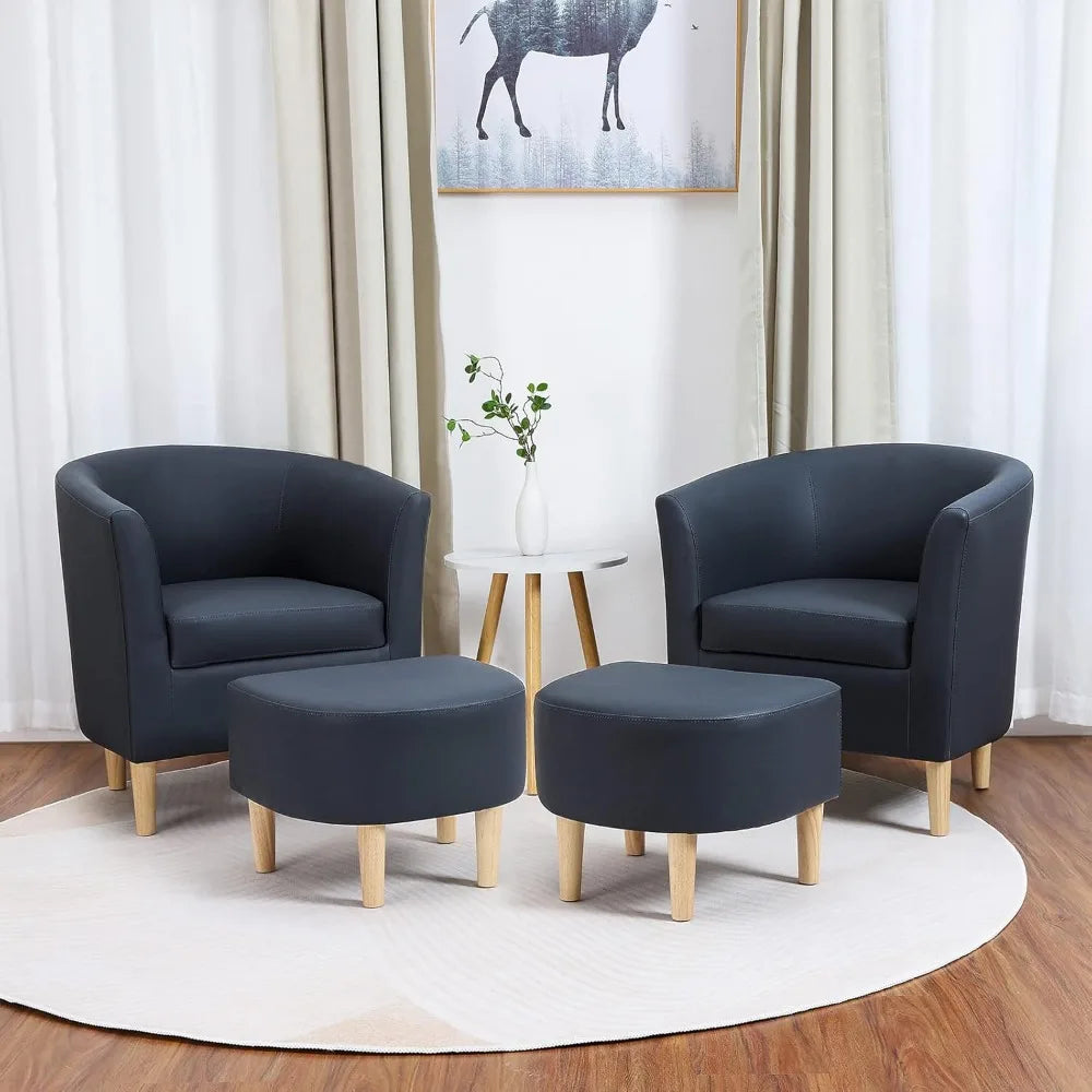 Leather Chair, Accent Chair Mid Century Modern with Ottoman Faux Barrel Comfy Armchair Upholstered Club Tub Round Arms for Livin