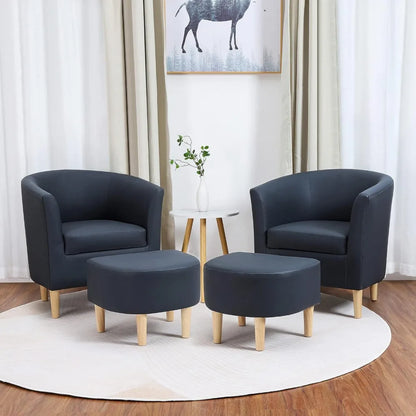 Leather Chair, Accent Chair Mid Century Modern with Ottoman Faux Barrel Comfy Armchair Upholstered Club Tub Round Arms for Livin