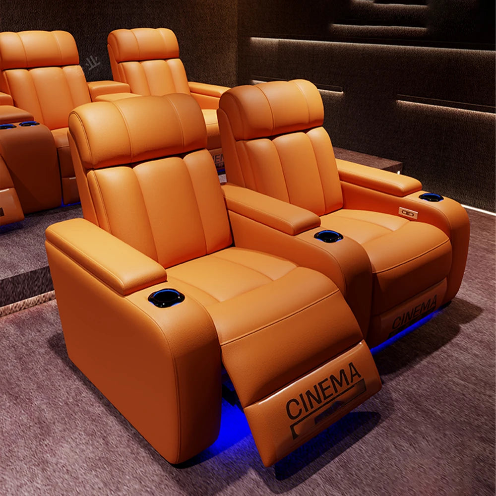 Linlimlam Luxury Genuine Leather Electric Recliners Cinema Chairs with Cup Holder, LED Light – Home Theater Power Reclining Sofa